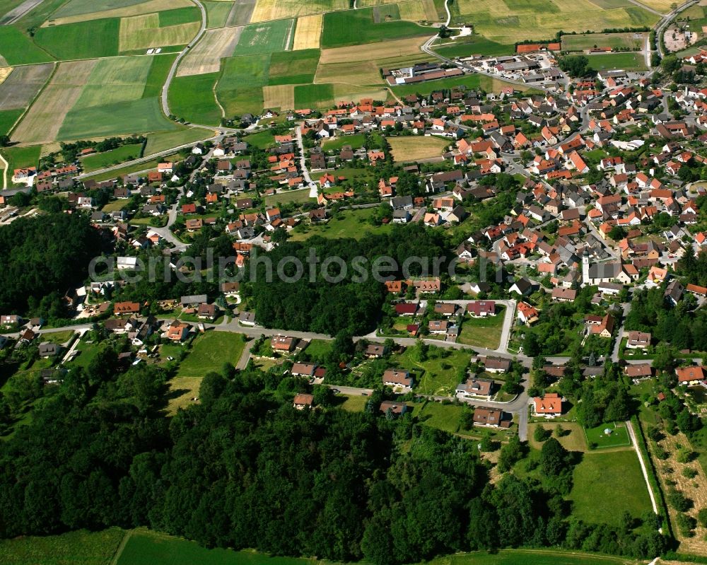 Arberg from above - Village view on the edge of agricultural fields and land in Arberg in the state Bavaria, Germany