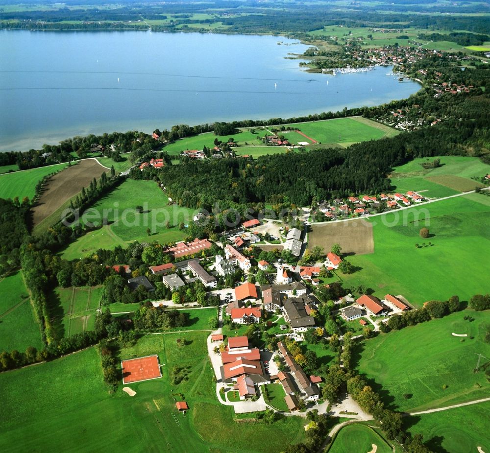 Arlaching from above - Village view on the edge of agricultural fields and land in Arlaching in the state Bavaria, Germany