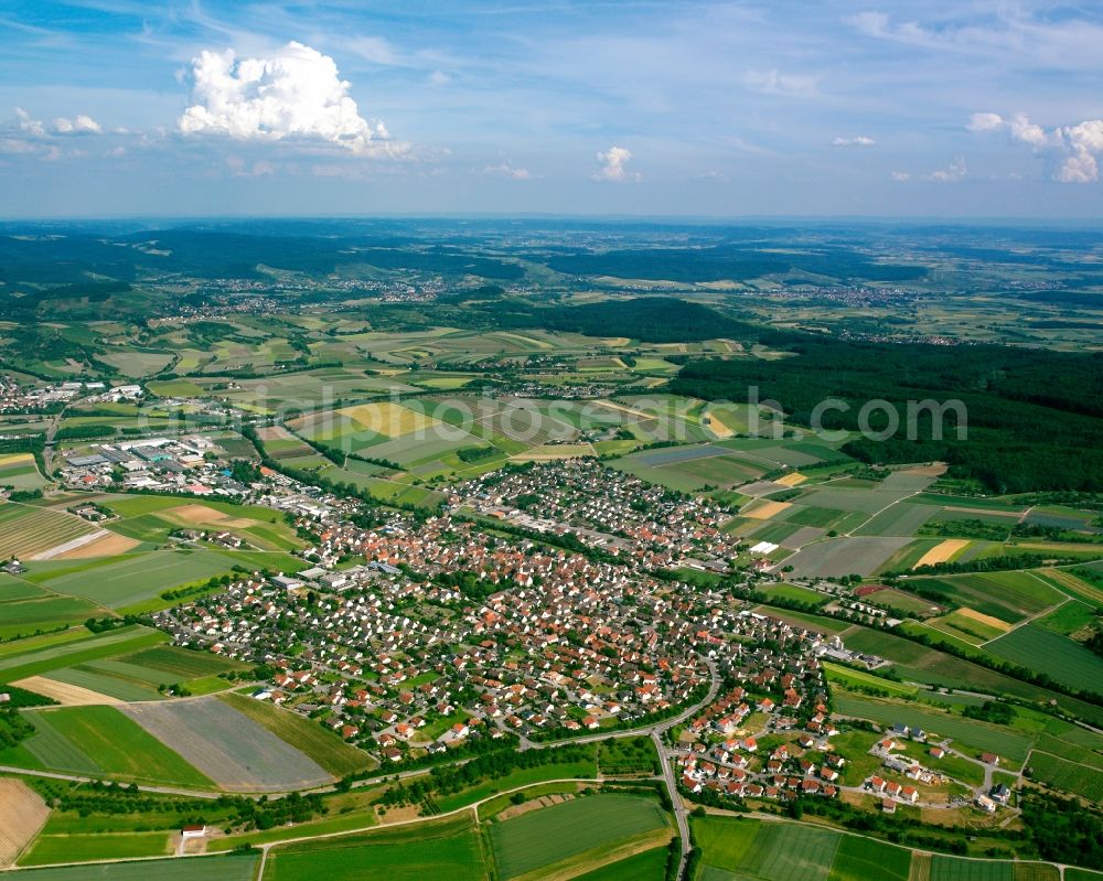 Auenstein from above - Village view on the edge of agricultural fields and land in Auenstein in the state Baden-Wuerttemberg, Germany