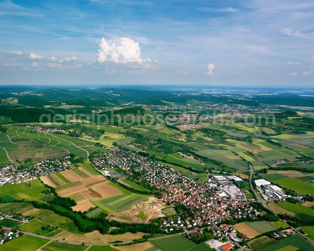 Auenstein from the bird's eye view: Village view on the edge of agricultural fields and land in Auenstein in the state Baden-Wuerttemberg, Germany