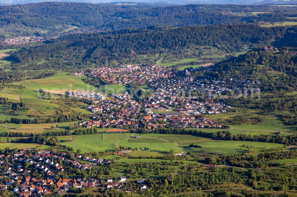 Auenwald from above - Village view on the edge of agricultural fields and land on street Ammerweg in Auenwald in the state Baden-Wuerttemberg, Germany