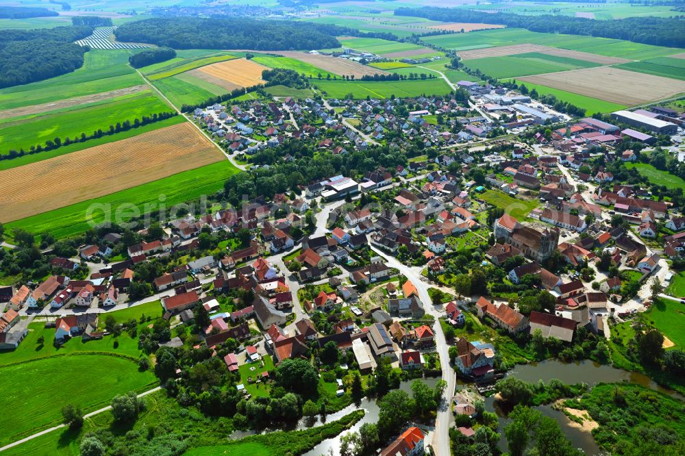 Auhausen from the bird's eye view: Village view on the edge of agricultural fields and land on street Klosterhof in Auhausen in the state Bavaria, Germany