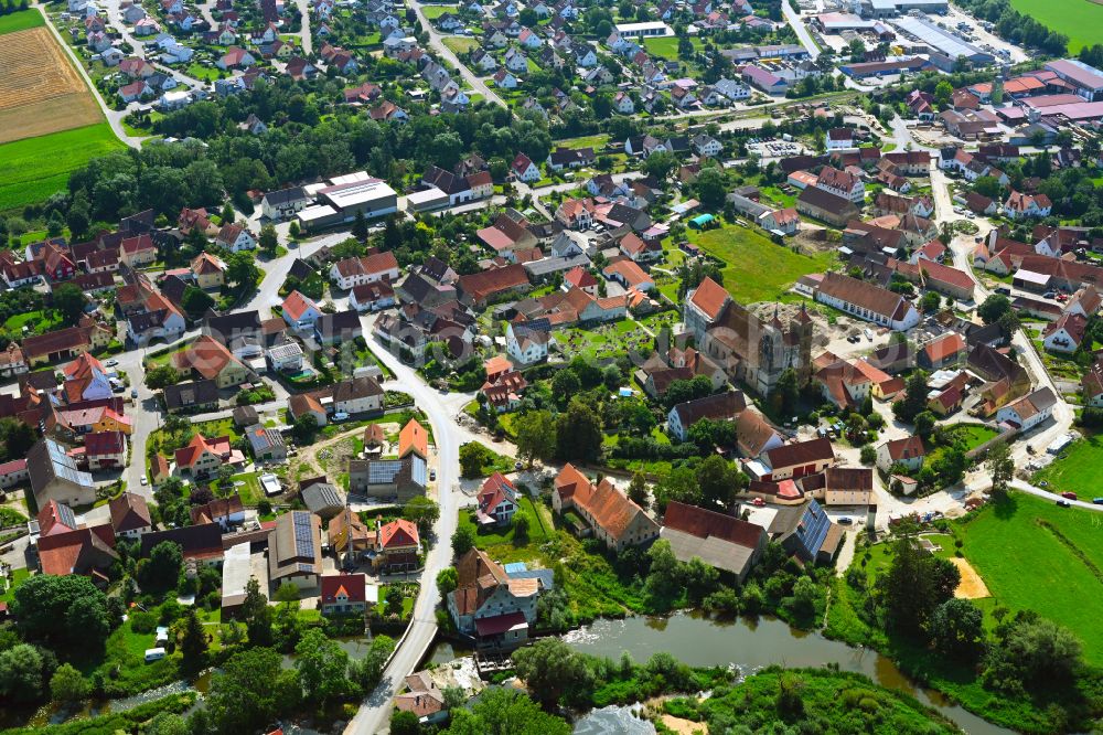 Aerial image Auhausen - Village view on the edge of agricultural fields and land on street Klosterhof in Auhausen in the state Bavaria, Germany