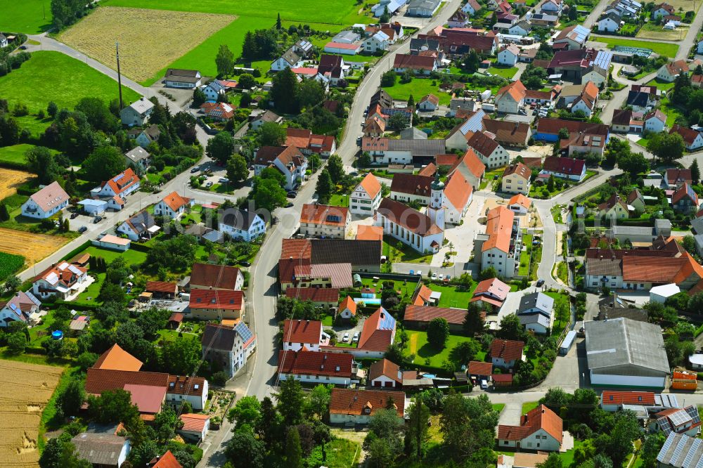 Aerial photograph Bachhagel - Village view on the edge of agricultural fields and land on street Rosenstrasse in Bachhagel in the state Bavaria, Germany