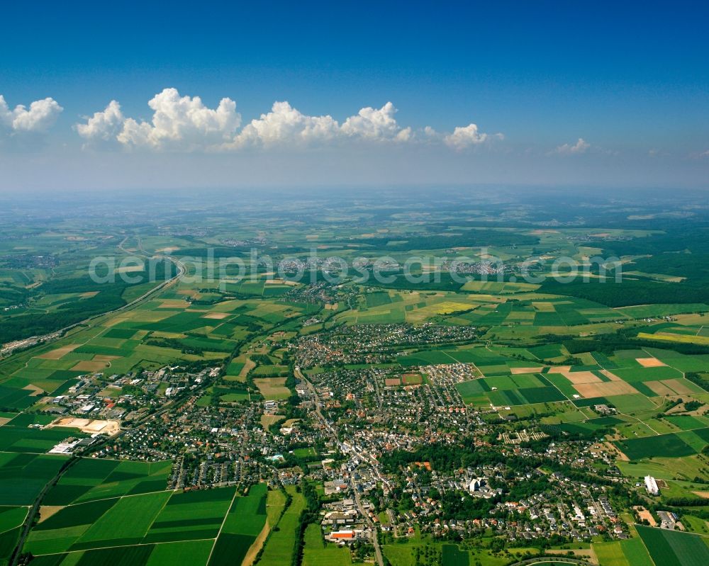 Bad Camberg from above - Village view on the edge of agricultural fields and land in Bad Camberg in the state Hesse, Germany