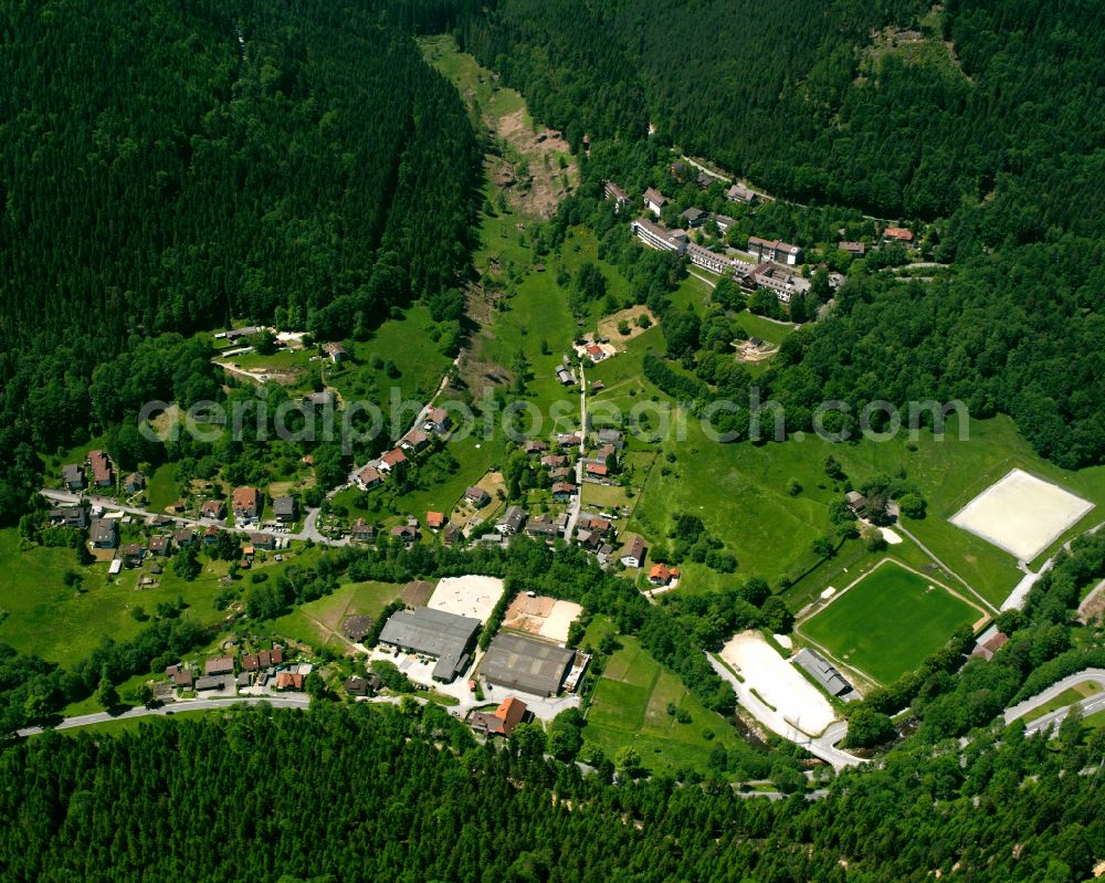 Aerial photograph Bad Wildbad - Village view on the edge of agricultural fields and land in Bad Wildbad in the state Baden-Wuerttemberg, Germany