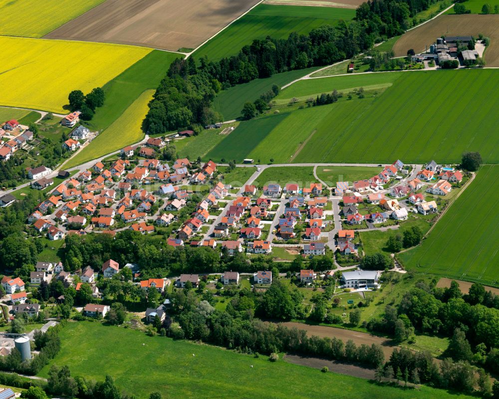 Baustetten from above - Village view on the edge of agricultural fields and land in Baustetten in the state Baden-Wuerttemberg, Germany