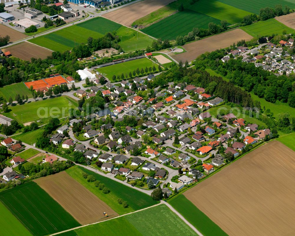 Aerial image Baustetten - Village view on the edge of agricultural fields and land in Baustetten in the state Baden-Wuerttemberg, Germany