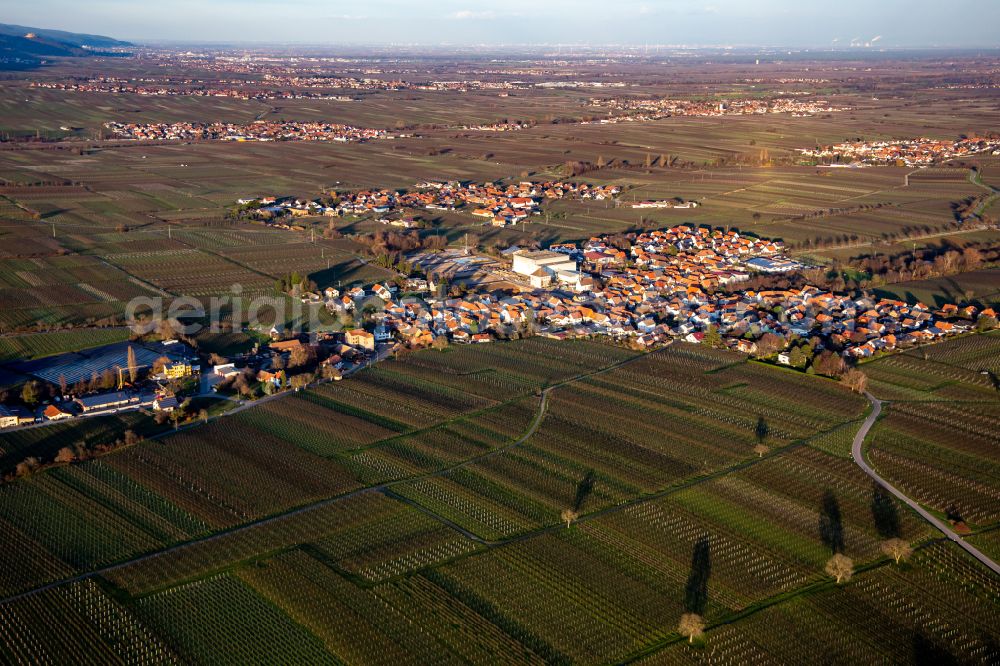 Böchingen from above - Village view on the edge of agricultural fields and land in Boechingen in the state Rhineland-Palatinate, Germany