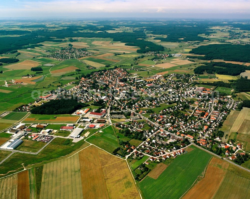 Bechhofen from above - Village view on the edge of agricultural fields and land in Bechhofen in the state Bavaria, Germany