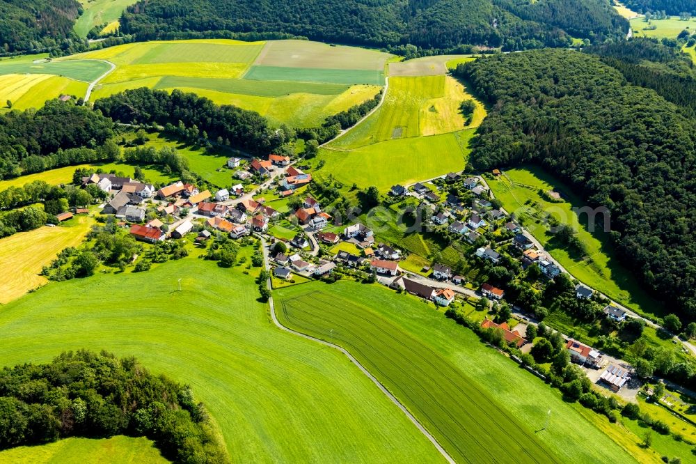 Aerial image Benkhausen - Village view on the edge of agricultural fields and land in Benkhausen in the state Hesse, Germany