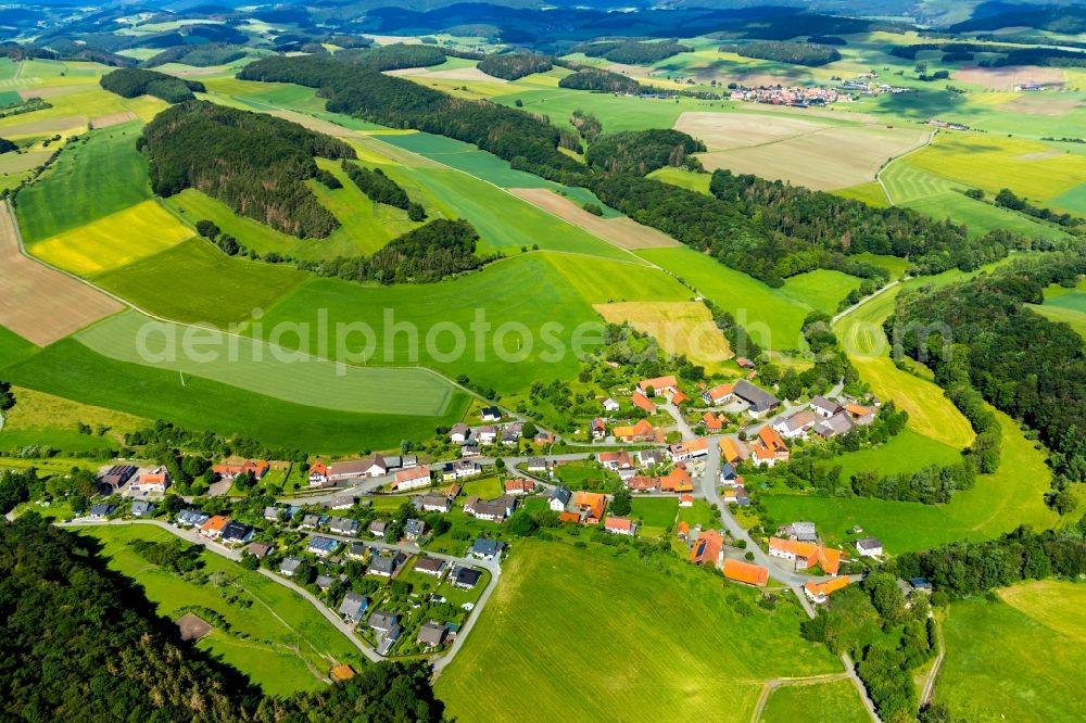 Aerial image Benkhausen - Village view on the edge of agricultural fields and land in Benkhausen in the state Hesse, Germany