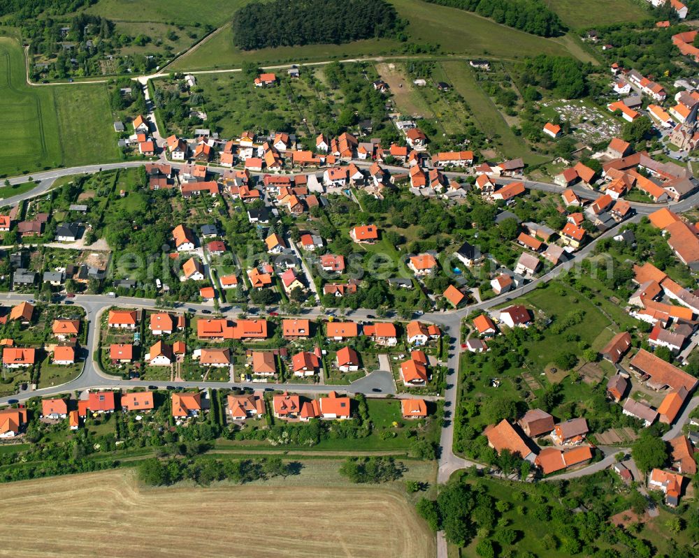 Benzingerode from above - Village view on the edge of agricultural fields and land in Benzingerode in the state Saxony-Anhalt, Germany
