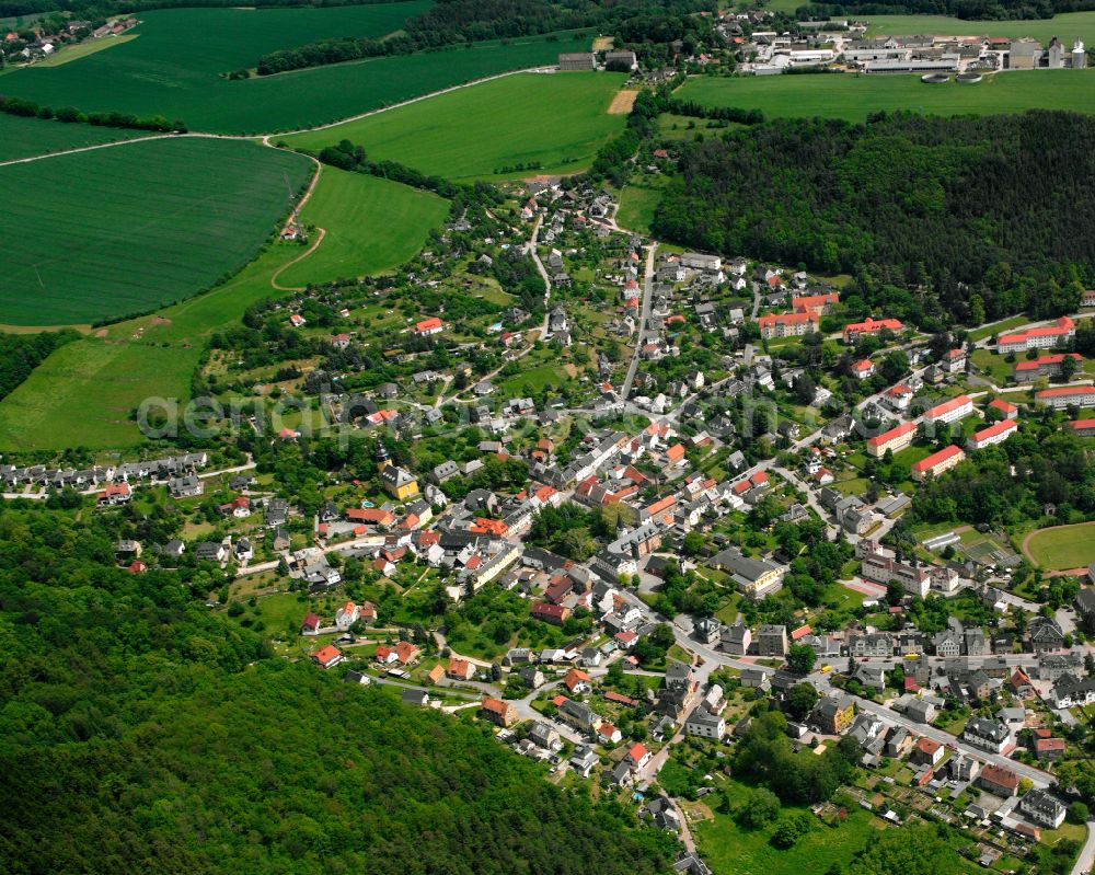 Aerial image Berga - Village view on the edge of agricultural fields and land in Berga in the state Thuringia, Germany