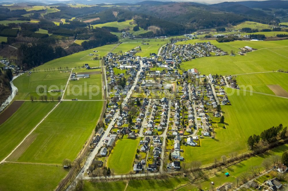 Aerial image Berghausen - Village view on the edge of agricultural fields and land on street Berghaeuser Strasse in Berghausen in the state North Rhine-Westphalia, Germany