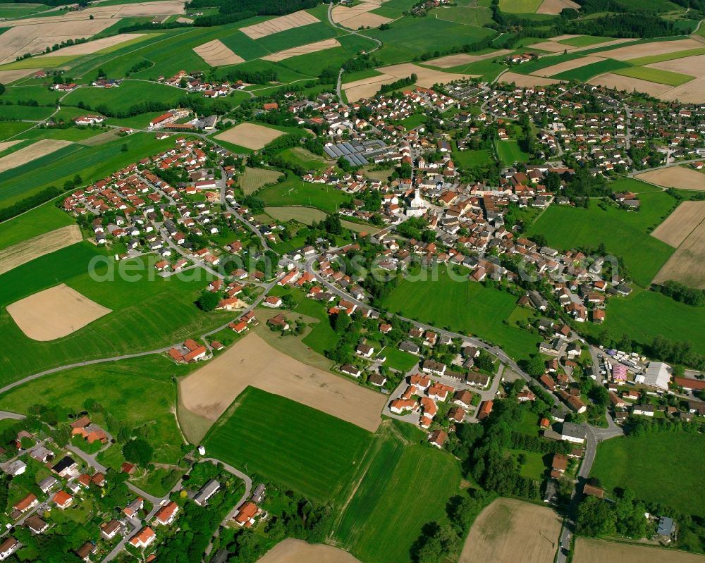 Berndlberg from above - Village view on the edge of agricultural fields and land in Berndlberg in the state Bavaria, Germany