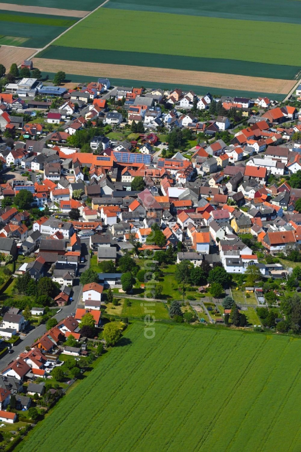 Aerial image Berstadt - Village view on the edge of agricultural fields and land in Berstadt in the state Hesse, Germany