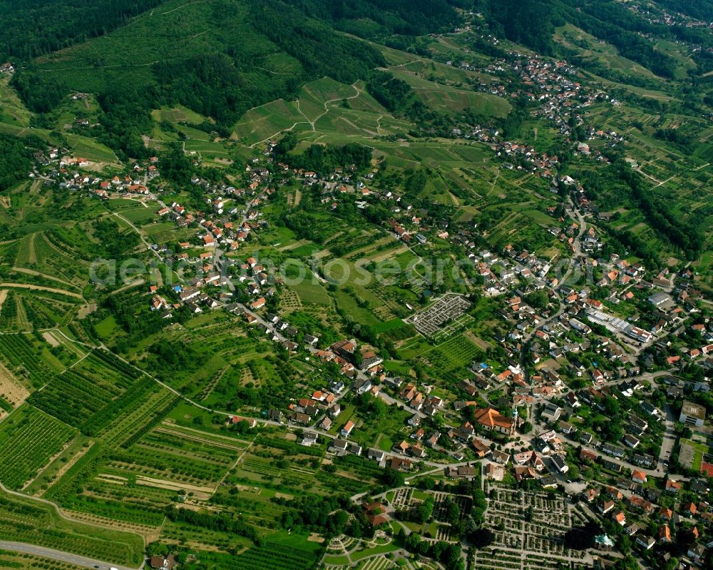 Bühl from above - Village view on the edge of agricultural fields and land in Bühl in the state Baden-Wuerttemberg, Germany