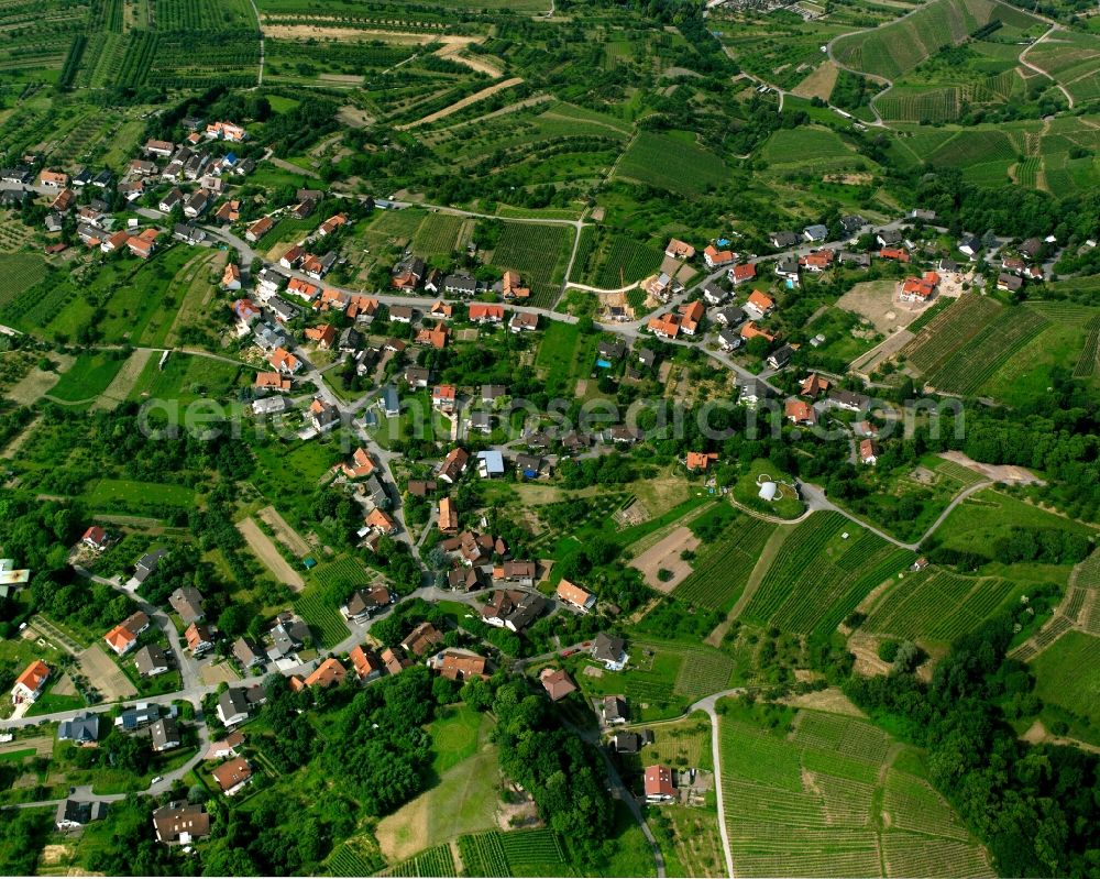 Bühl from the bird's eye view: Village view on the edge of agricultural fields and land in Bühl in the state Baden-Wuerttemberg, Germany