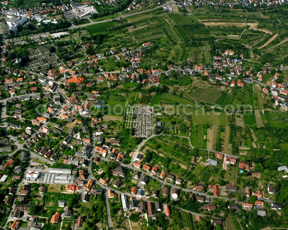 Bühl from the bird's eye view: Village view on the edge of agricultural fields and land in Bühl in the state Baden-Wuerttemberg, Germany