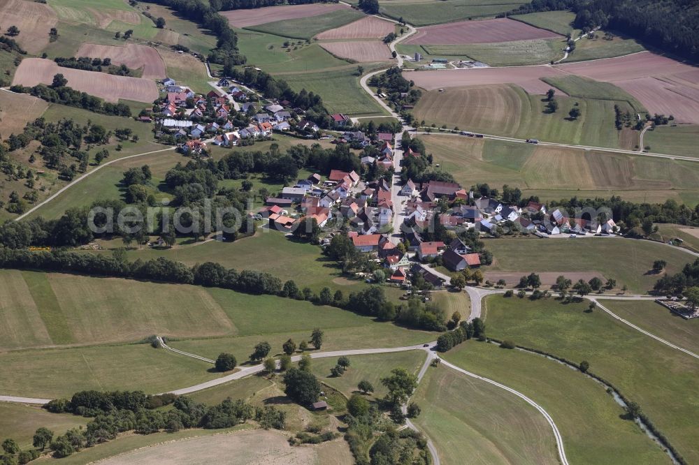 Aerial image Bühlertann - Village view on the edge of agricultural fields and land in Buehlertann in the state Baden-Wurttemberg, Germany