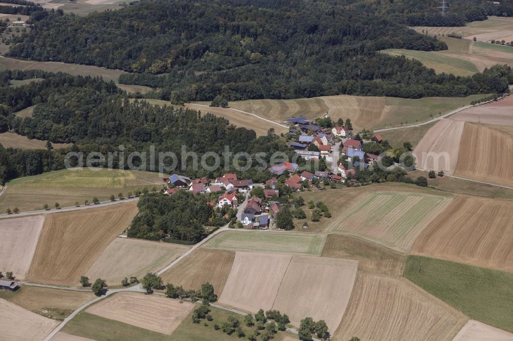 Bühlertann from the bird's eye view: Village view on the edge of agricultural fields and land in Buehlertann in the state Baden-Wurttemberg, Germany