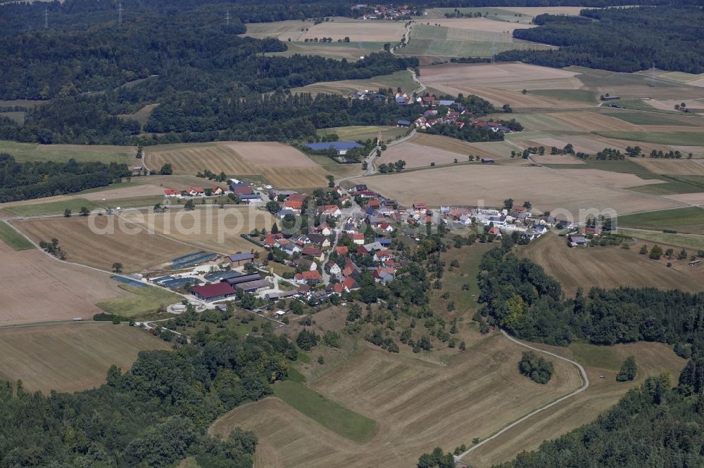 Aerial image Bühlertann - Village view on the edge of agricultural fields and land in Buehlertann in the state Baden-Wurttemberg, Germany