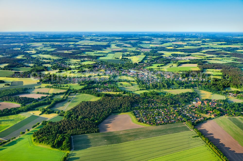 Aerial photograph Bienenbüttel - Village view on the edge of agricultural fields and land in Bienenbuettel in the state Lower Saxony, Germany