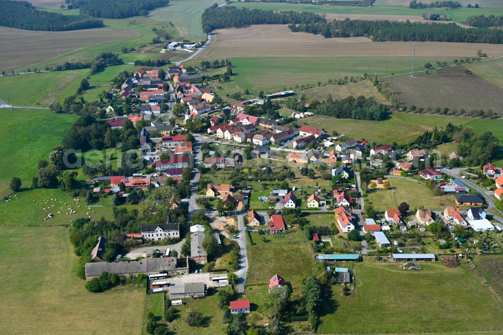 Blochwitz from above - Village view on the edge of agricultural fields and land on street Hauptstrasse in Blochwitz in the state Saxony, Germany