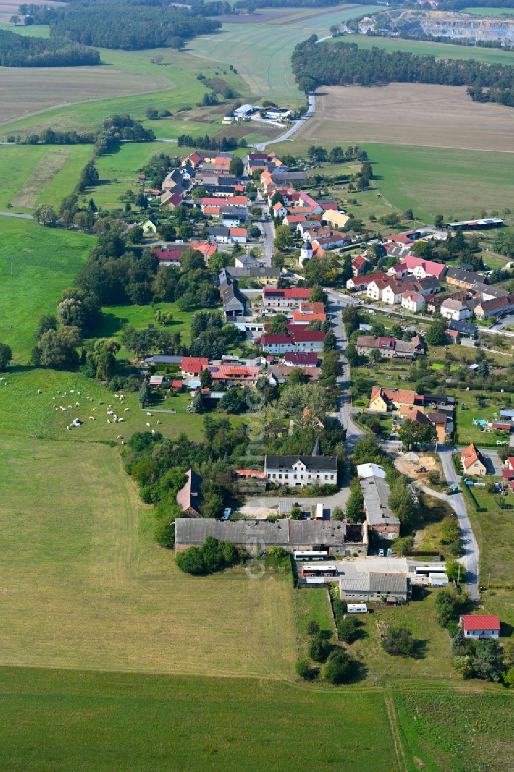 Blochwitz from the bird's eye view: Village view on the edge of agricultural fields and land on street Hauptstrasse in Blochwitz in the state Saxony, Germany