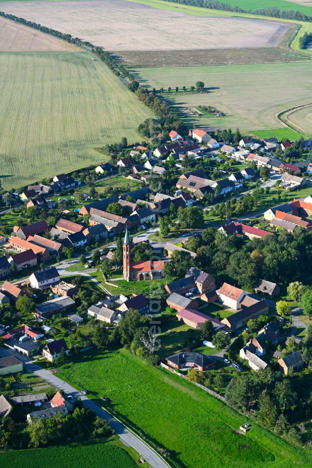 Aerial image Bochow - Village view on the edge of agricultural fields and land in Bochow in the state Brandenburg, Germany