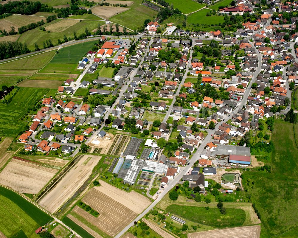 Aerial image Bodersweier - Village view on the edge of agricultural fields and land in Bodersweier in the state Baden-Wuerttemberg, Germany