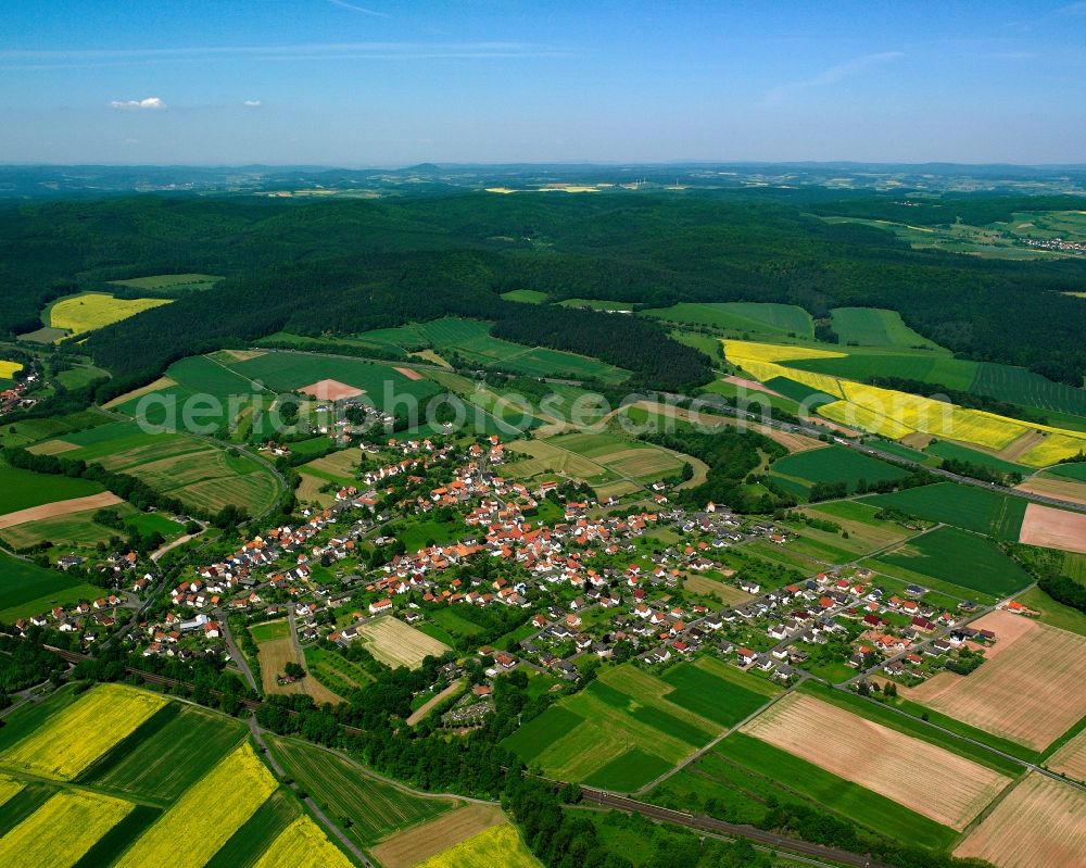 Aerial image Bosserode - Village view on the edge of agricultural fields and land in Bosserode in the state Hesse, Germany