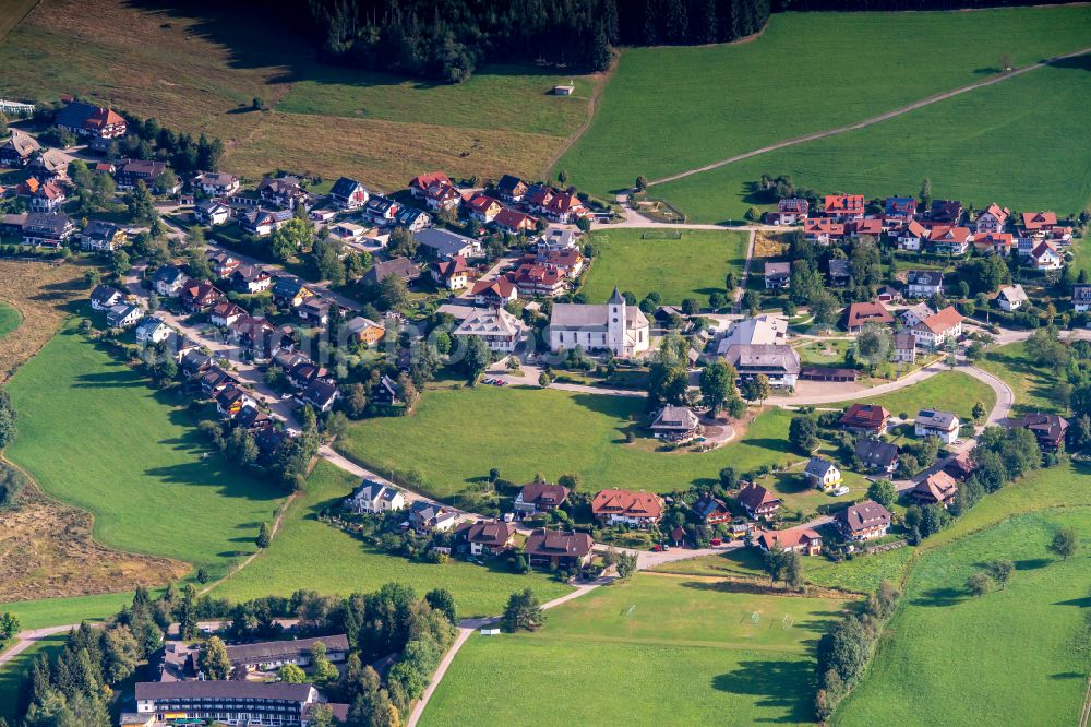 Breitnau from above - Village view on the edge of agricultural fields and land in Breitnau in the state Baden-Wuerttemberg, Germany