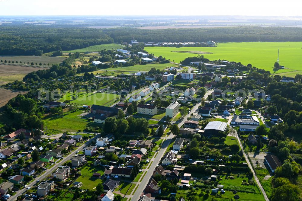 Burow from above - Village view on the edge of agricultural fields and land in Burow in the state Mecklenburg - Western Pomerania, Germany