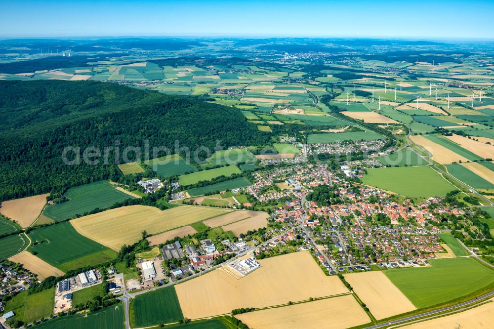 Coppenbrügge from the bird's eye view: Village view on the edge of agricultural fields and land in Coppenbruegge in the state Lower Saxony, Germany