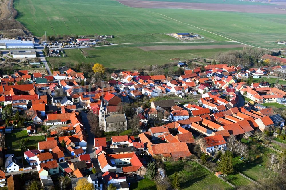 Dachwig from above - Village view on the edge of agricultural fields and land in Dachwig in the state Thuringia, Germany