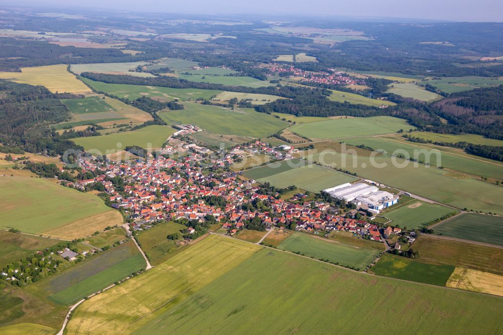 Aerial image Dankerode - Village view on the edge of agricultural fields and land on street Kreisstrasse in Dankerode in the state Saxony-Anhalt, Germany