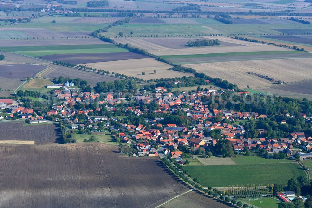 Dedeleben from above - Village view on the edge of agricultural fields and land in Dedeleben in the state Saxony-Anhalt, Germany