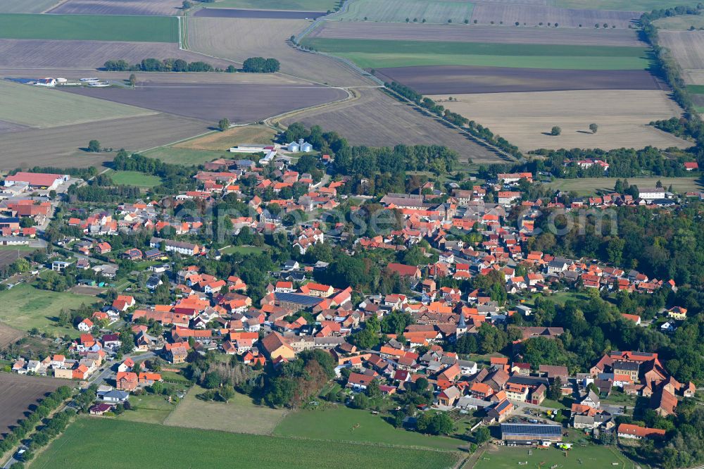 Dedeleben from above - Village view on the edge of agricultural fields and land in Dedeleben in the state Saxony-Anhalt, Germany