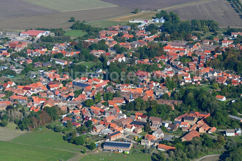 Dedeleben from the bird's eye view: Village view on the edge of agricultural fields and land in Dedeleben in the state Saxony-Anhalt, Germany