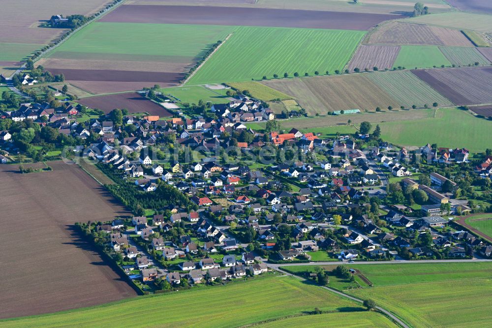 Deensen from the bird's eye view: Village view on the edge of agricultural fields and land in Deensen in the state Lower Saxony, Germany