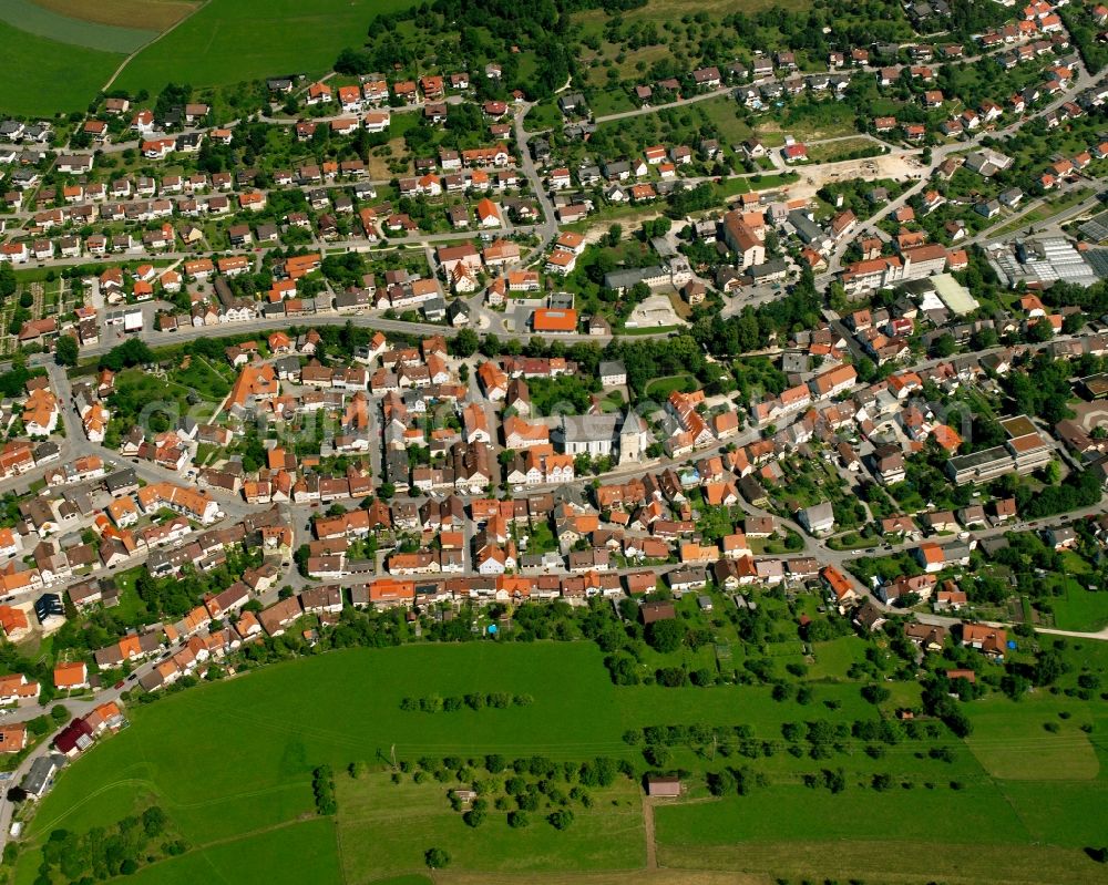 Deggingen from the bird's eye view: Village view on the edge of agricultural fields and land in Deggingen in the state Baden-Wuerttemberg, Germany