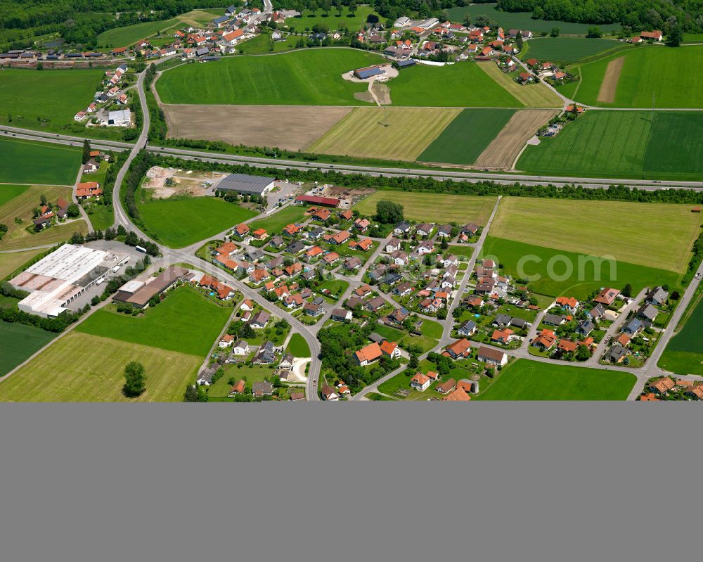 Dettingen an der Iller from the bird's eye view: Village view on the edge of agricultural fields and land in Dettingen an der Iller in the state Baden-Wuerttemberg, Germany