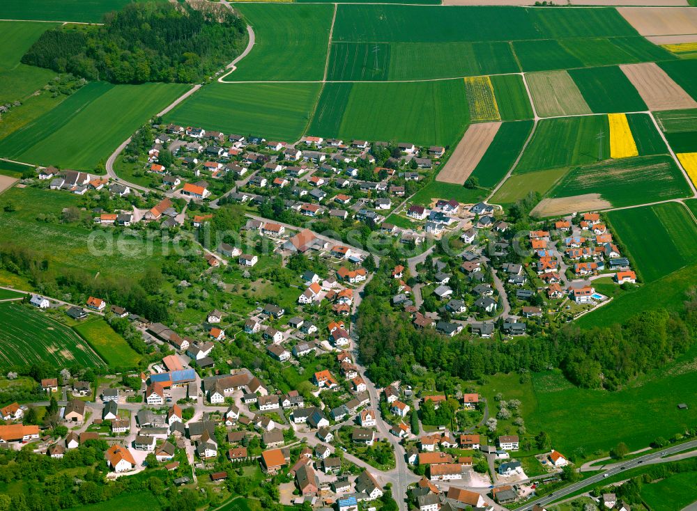 Donaurieden from above - Village view on the edge of agricultural fields and land in Donaurieden in the state Baden-Wuerttemberg, Germany