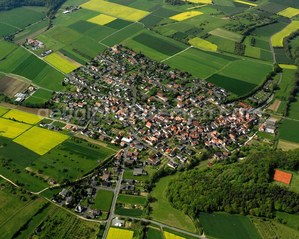 Aerial photograph Dornholzhausen - Village view on the edge of agricultural fields and land in Dornholzhausen in the state Hesse, Germany