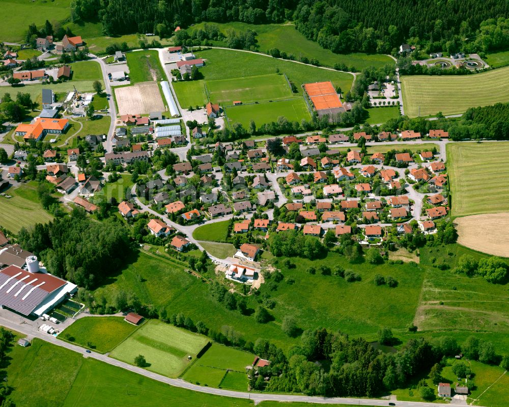 Eberhardzell from above - Village view on the edge of agricultural fields and land in Eberhardzell in the state Baden-Wuerttemberg, Germany