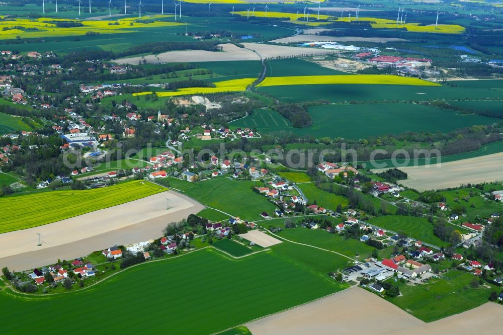 Ebersbach from above - Village view on the edge of agricultural fields and land in Ebersbach in the state Saxony, Germany