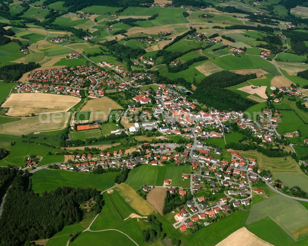 Edersdorf from above - Village view on the edge of agricultural fields and land in Edersdorf in the state Bavaria, Germany