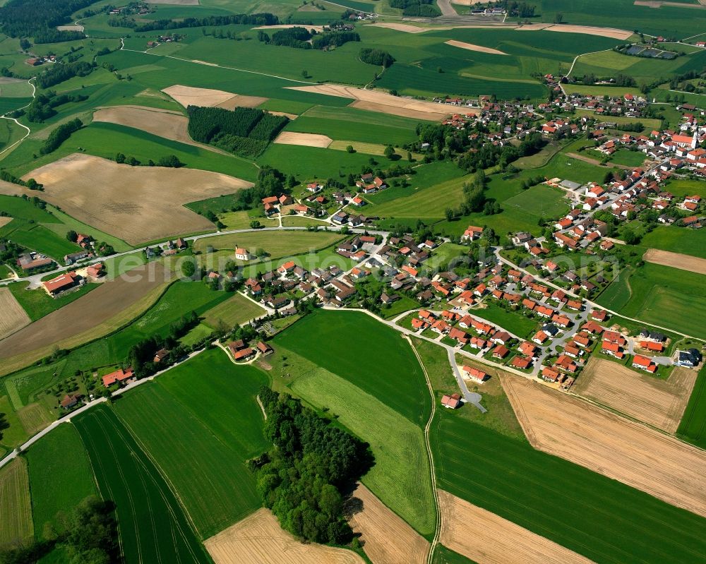 Egglham from above - Village view on the edge of agricultural fields and land in Egglham in the state Bavaria, Germany